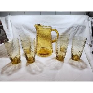 Vintage,Libbey Glass, Drape Honey Gold, Amber Pitcher & (6) Tumblers-*Excellent*